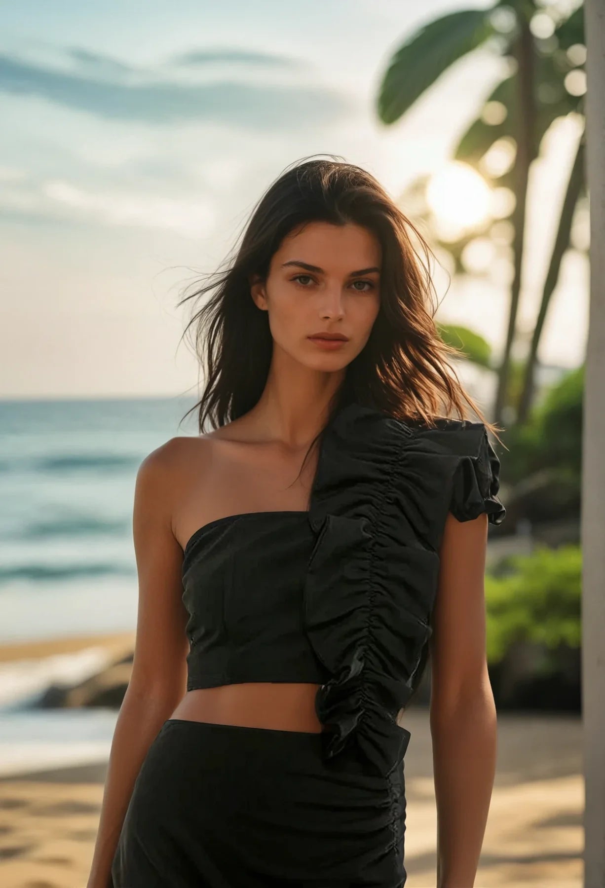 Adda one shoulder ruffle top - Black