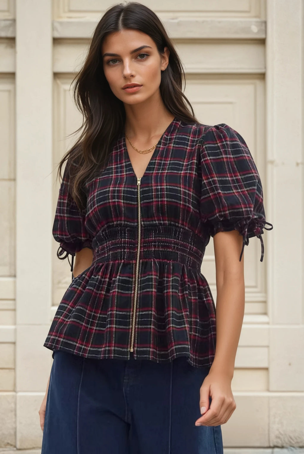 Margaux navy plaid blouse