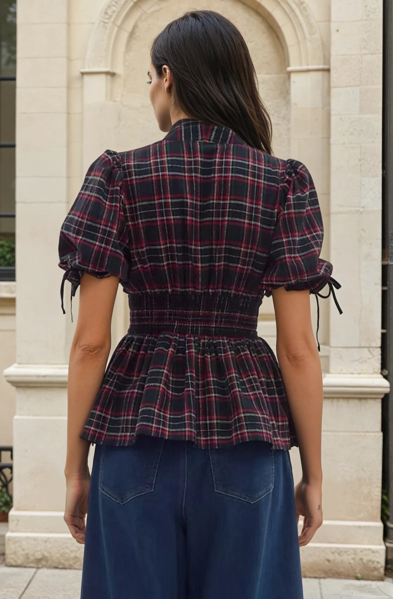 Margaux navy plaid blouse