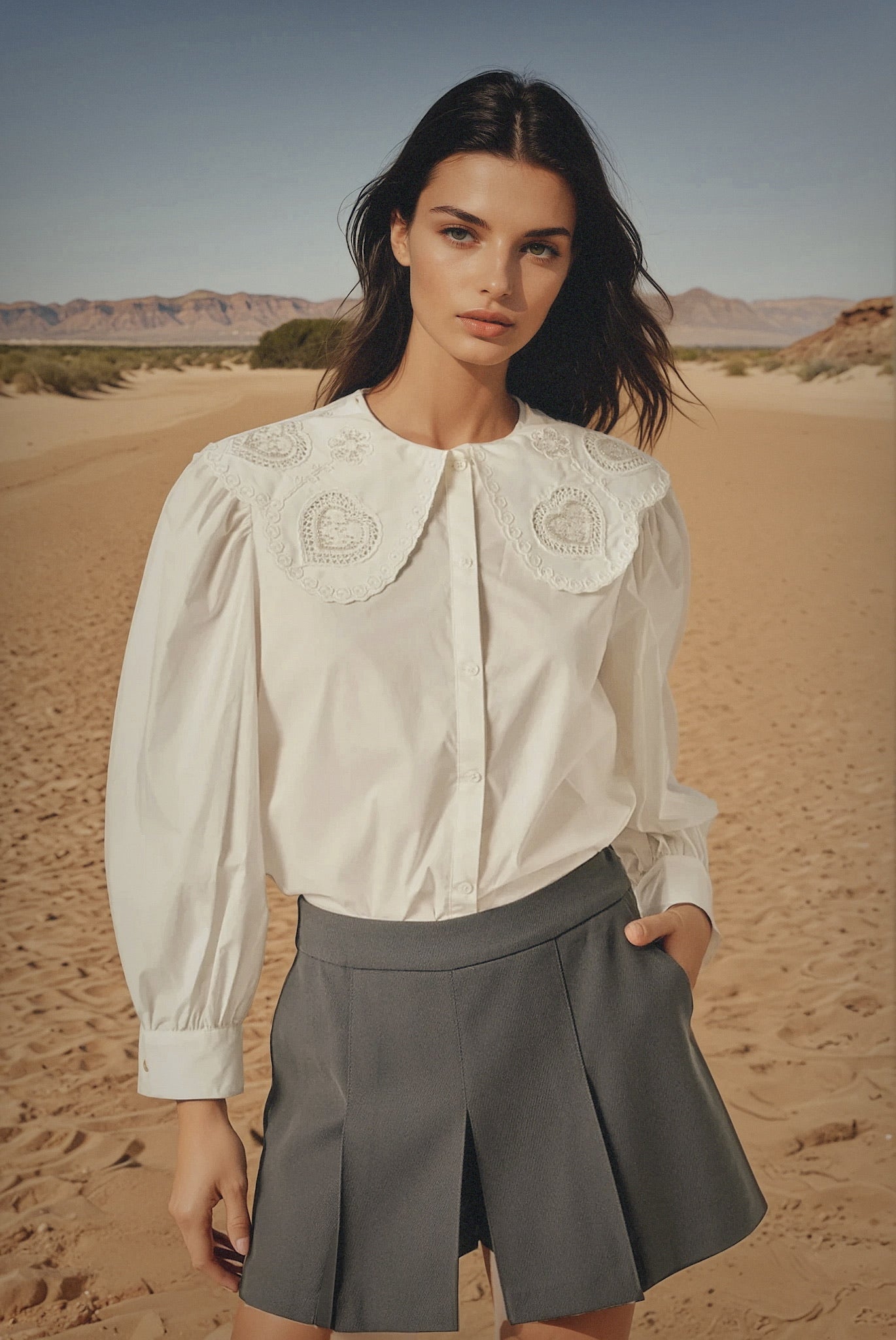 Scallop embroidered collar blouse