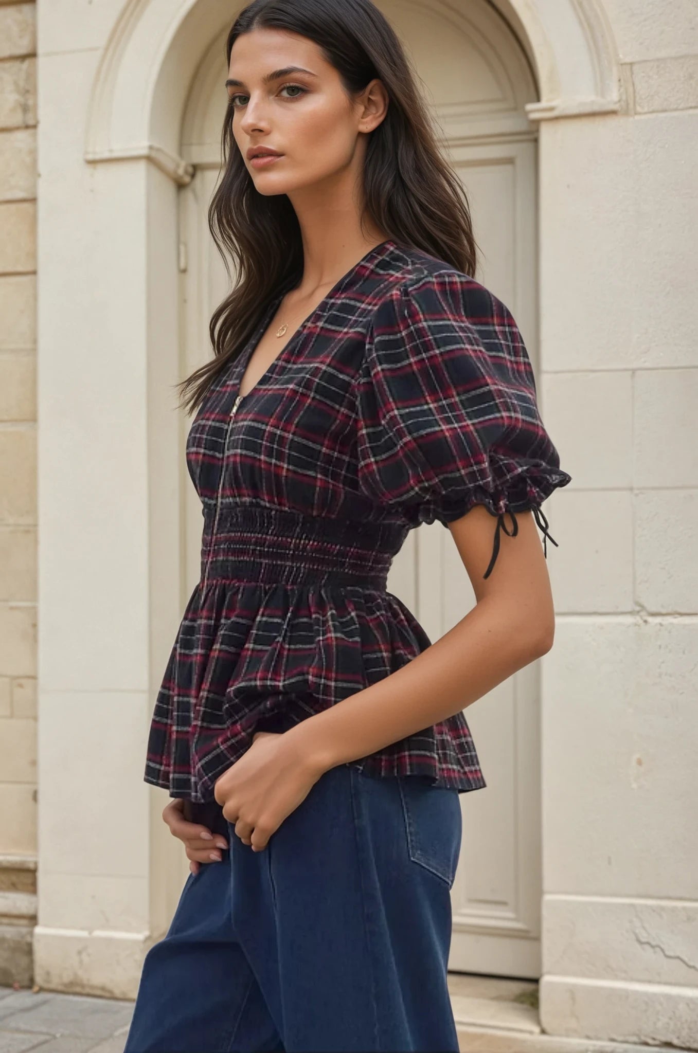 Margaux navy plaid blouse