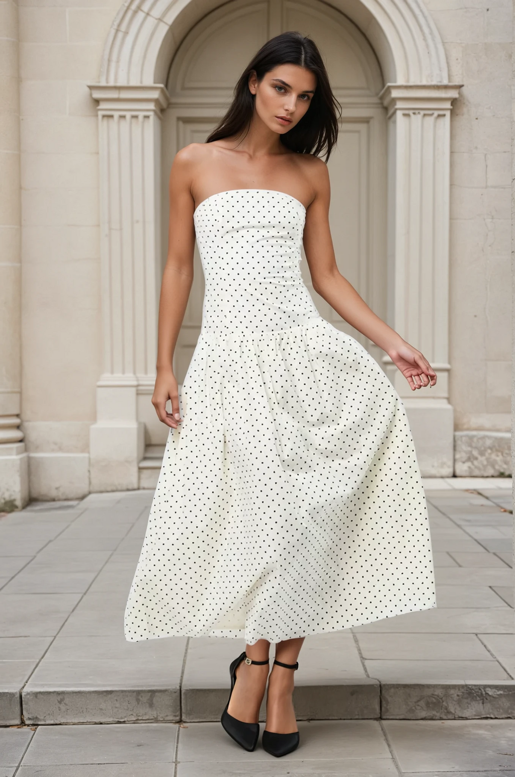 Shelvy polka dot strapless maxi dress