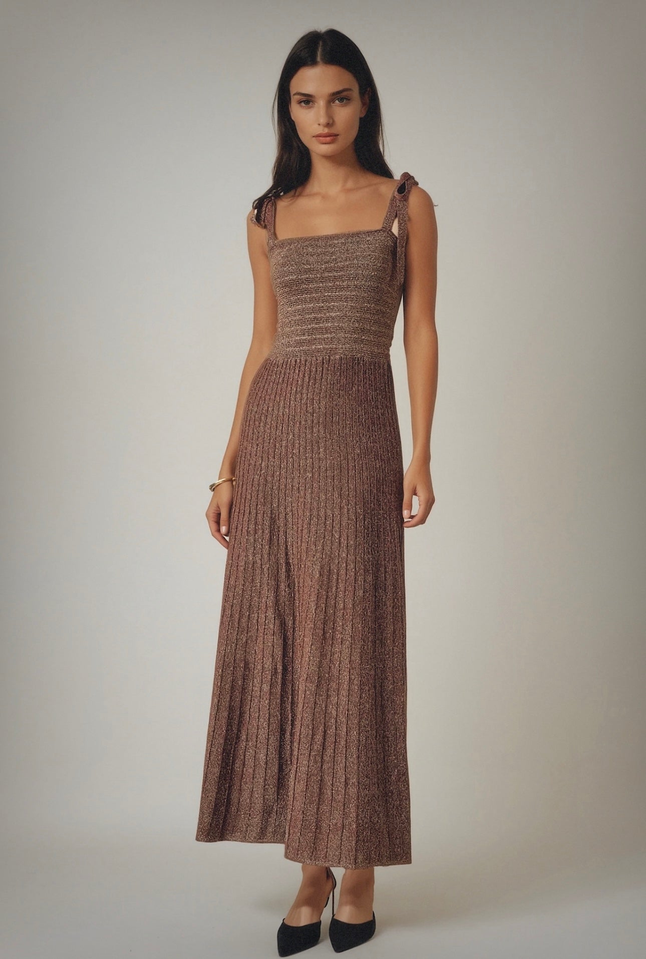 Lurex sleeveless maxi dress in espresso