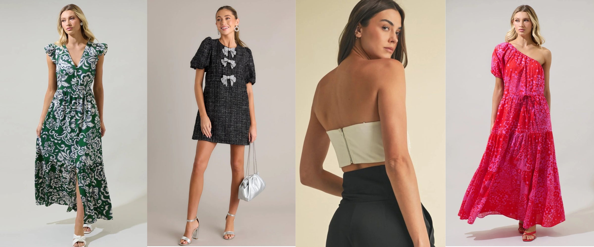 Four women modeling different dresses with a neutral background